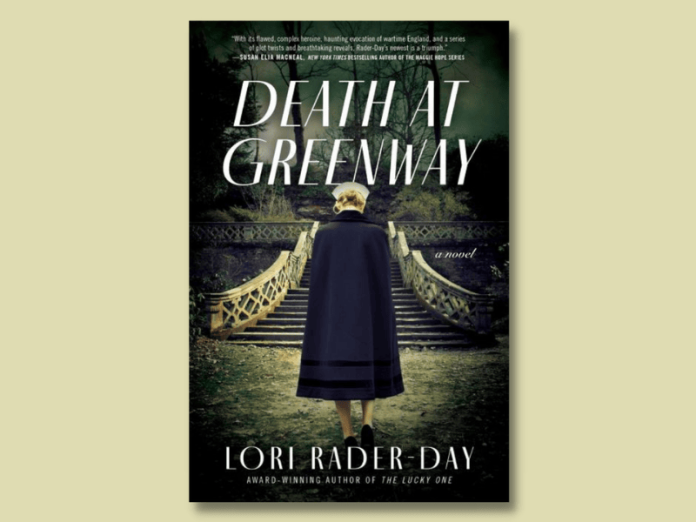 The cover of the book "Death at Greenway," a resigned-looking nurse viewed from behind as she walks up grand, outdoor stone steps