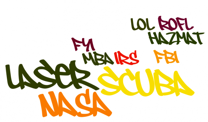 Stylized words: laser, nasa, scuba, fbi, mba, etc.