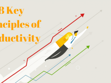 image of man skyrocketing upwards beside text "principles of productivity"