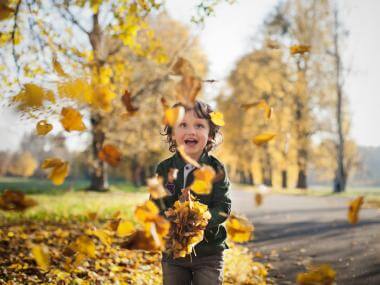 A boy playing in leaves during fall