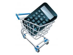 Calculator in a shopping cart, representing math tips for shopping