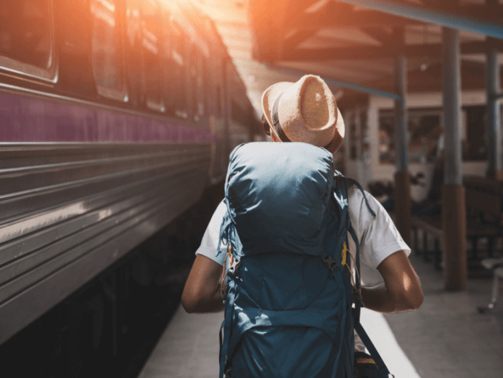 Photo of a man on vacation with a backpack