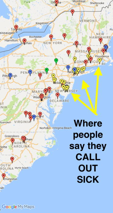 A zoomed in map showing that people mostly say call out sick on the East Coast.