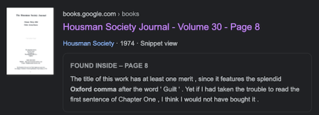 A screenshot of a Google snippet from a 1974 publication called Housman Society Journal (volume 30, page 8) that includes the phrase "it features the splendid Ofo