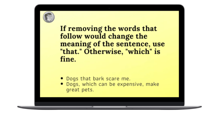 a computer with the screen having a yellow flyer on it that reads "if removing the words that follow would change the meaning of the sentence, use 'that'. Otherwise, 'which' is fine."