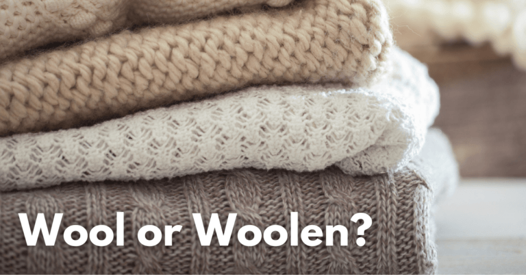 A stack of wool sweaters with the text reading wool or woolen?