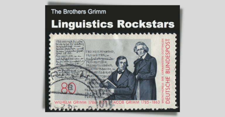 A postage stamp featuring the Brothers Grimm, who were also important in linguistics