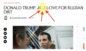 A screenshot of The New Yorker article with the headline Donald Trump, Jr.,'s love for Russian dirt