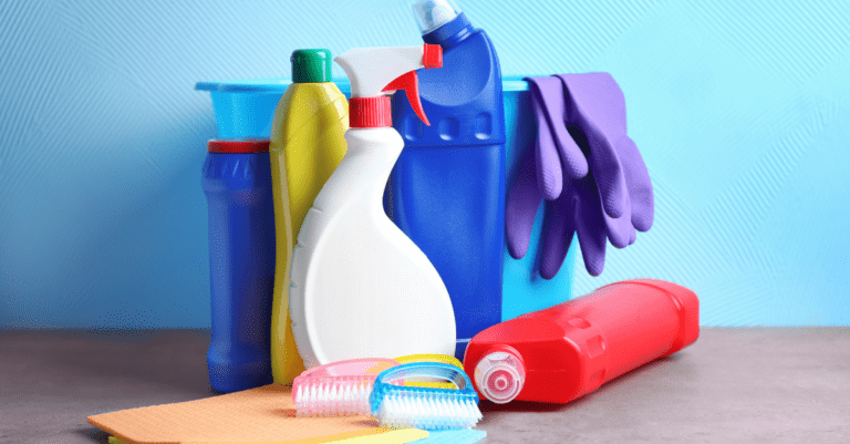 cleaning bottles, scrubs, and gloves