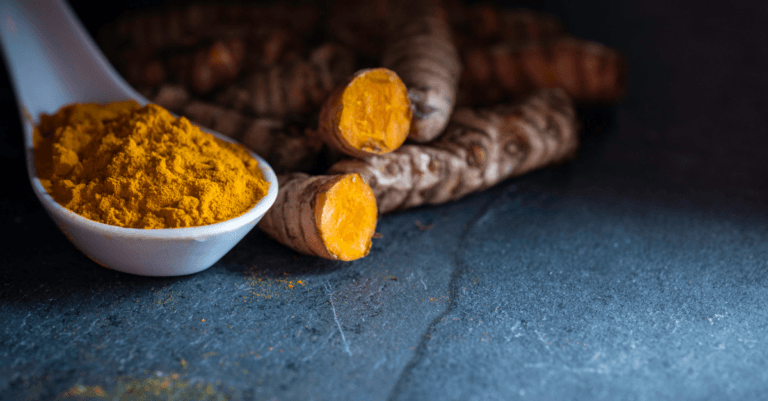 turmeric root sitting beside a scoop of turmeric powder