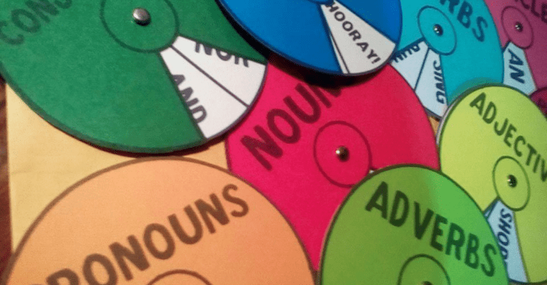 different parts of speech like pronouns nouns adverbs and adjectives written on colorful circle discs