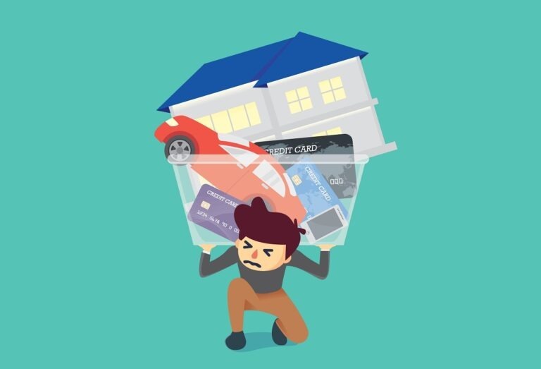 Animated image of person carrying box on their back full of house, car, and credit cards.