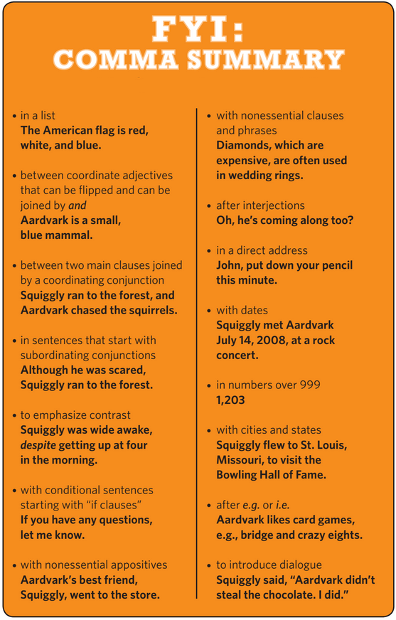 orange FYI: comma summary chart with a list of when to use commas