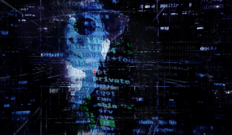 Person with dark sunglasses and hat, with computer text written across face