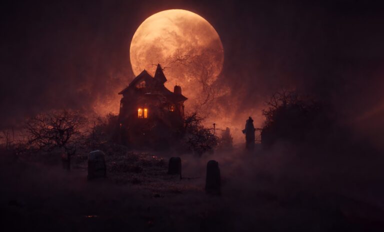 Haunted house with full moon behind