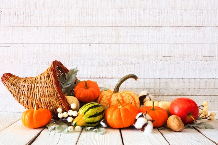 Cornucopia with pumpkins and other vegetables