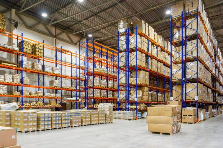 shelves of boxes in a warehouse