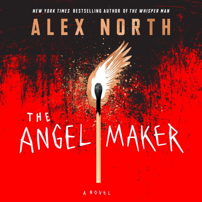 Book cover for The Angel Maker. A red and black page with a lit match burning.