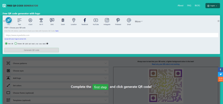 Screenshot from free qr code generator website