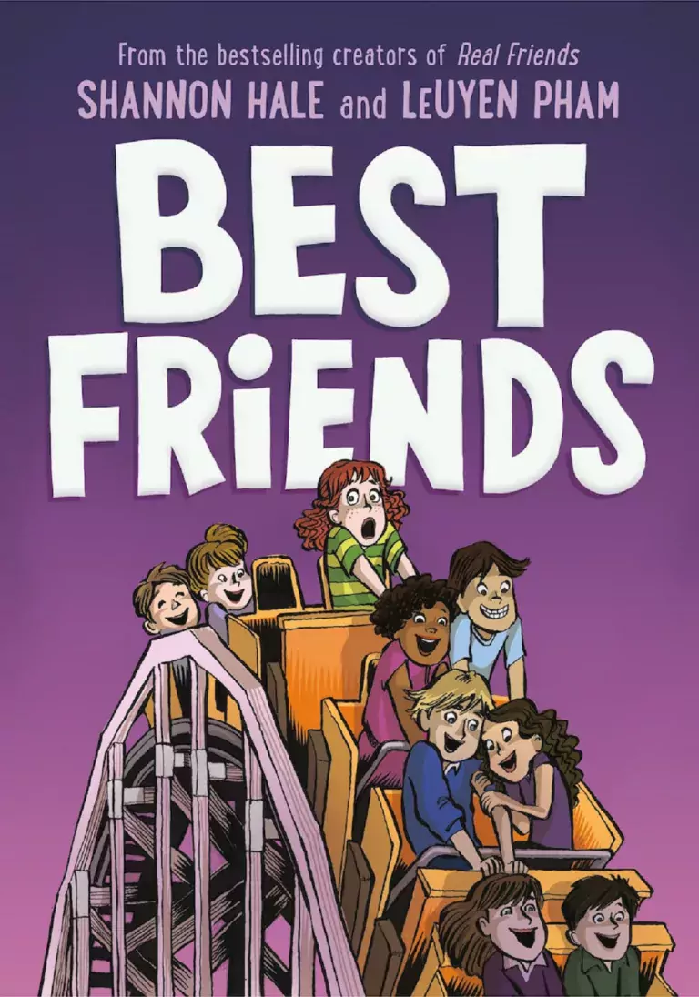 Purple book jacket with roller coaster and kids, with the title "Best Friends"