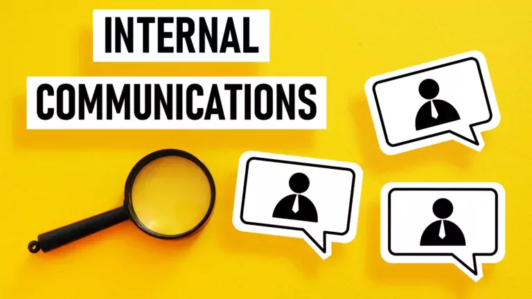 Yellow background with magnifying glass and three white boxes. Each box has an avatar of a person in a tie. At the top is a white background with black letters that say "internal communications"