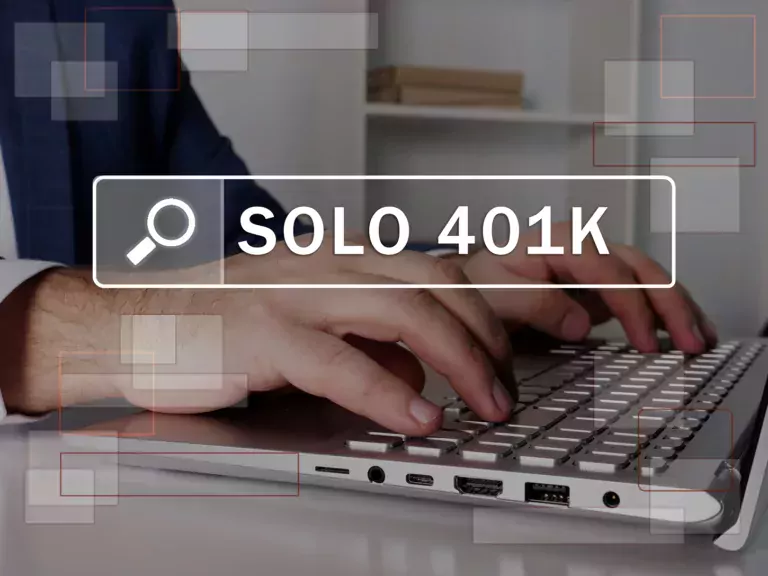 Woman typing on a laptop and graphic that said SOLO 401k