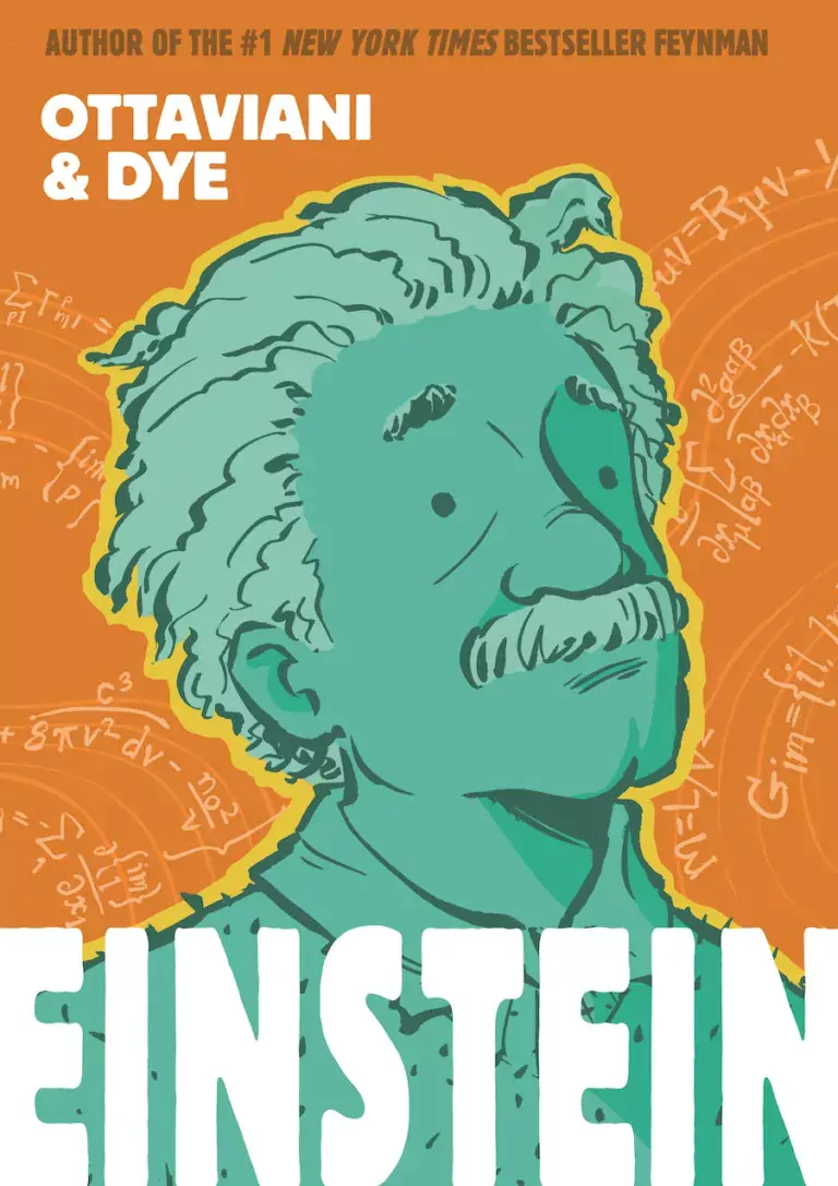 Orange background with green image of Einstein with the word "Einstein" in white. Math formulas in the background.