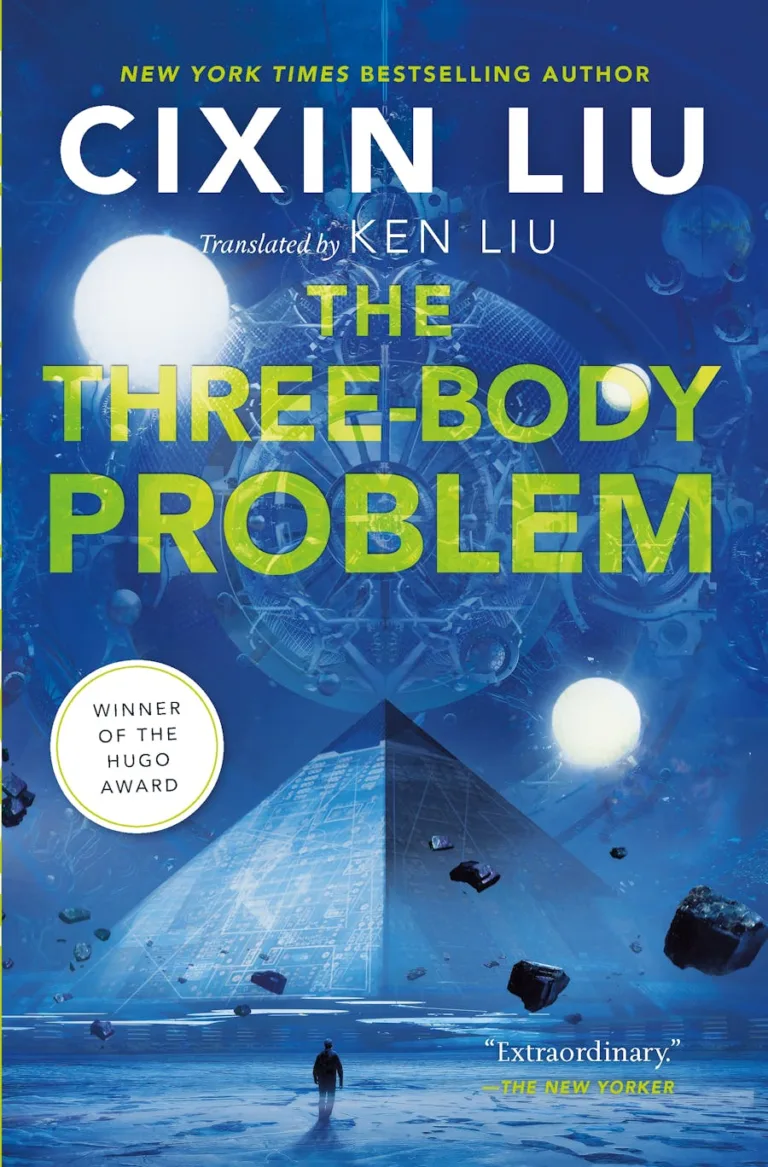 Blue book cover with pyramid and moons and the words "The Three-Body Problem"