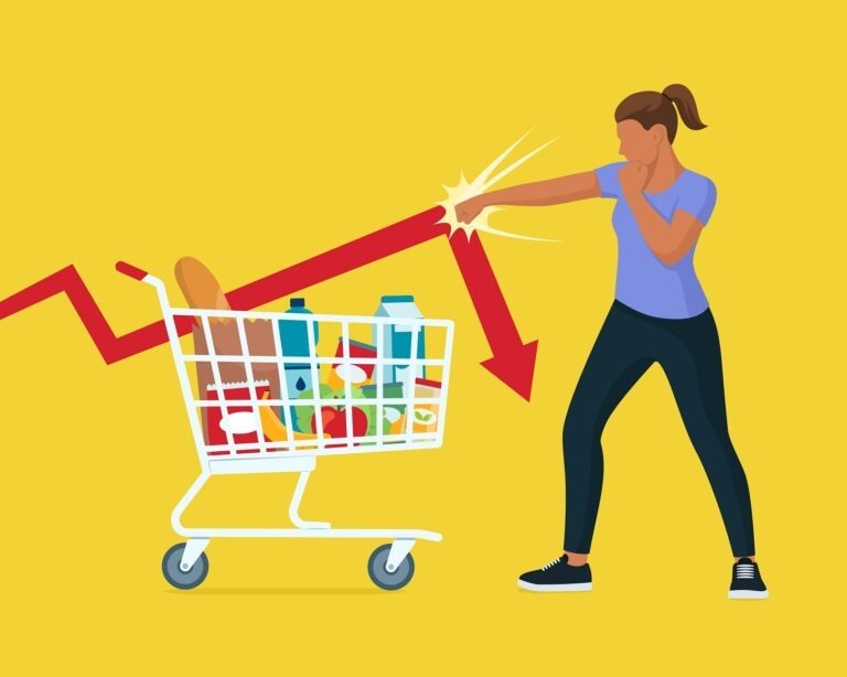 Cartoon woman punching down an arrow that was going up over a shopping cart