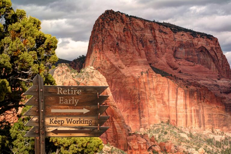 Red rock structure and a guide post that says "retire early" pointing to the right