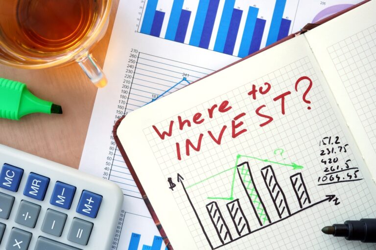 Calculator, highlighter pen, and a notebook that says "Where to invest"
