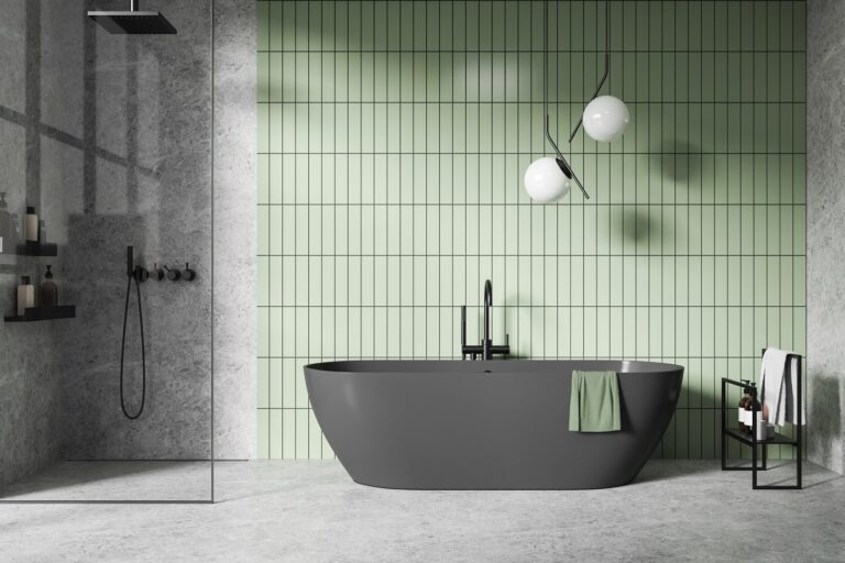 modern bathroom, gray tub, green tile wall